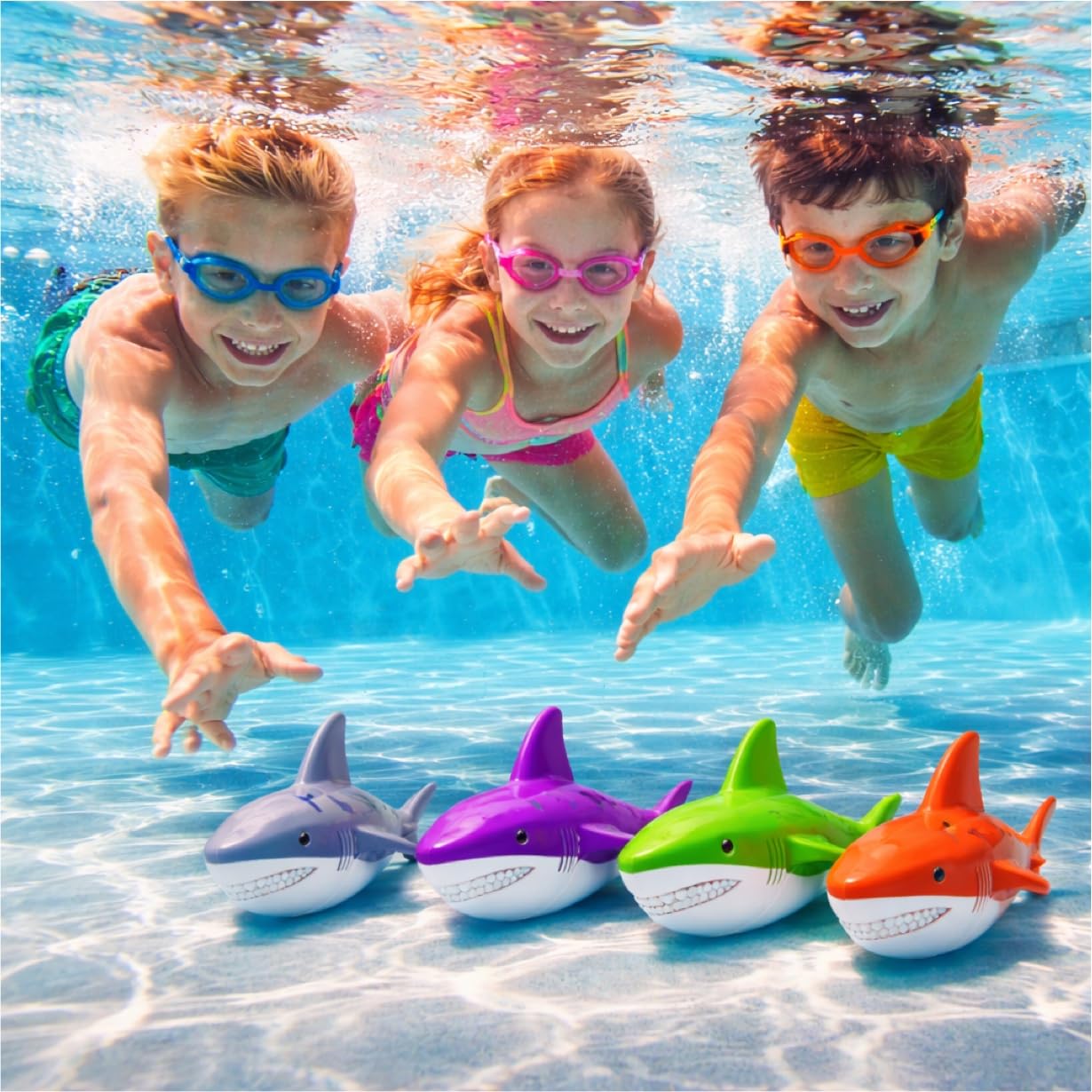 Set De Anillos De Buceo Y Varillas Sumergibles – 4 Tiburones Y 8 Piezas – Juguetes Acuáticos Para Piscina Y Playa – Sin BPA, Colores Brillantes – Aprende A Bucear Divirtiéndote