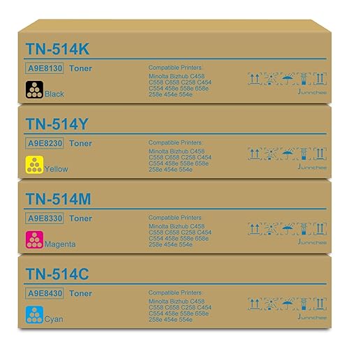 Junnchee TN514 TN-514 Toner Cartridge Replacement for Konica Minolta TN514K TN514C TN514M TN514Y Bizhub C458 C558 C658 Printer (Black Cyan Magenta Yellow)
