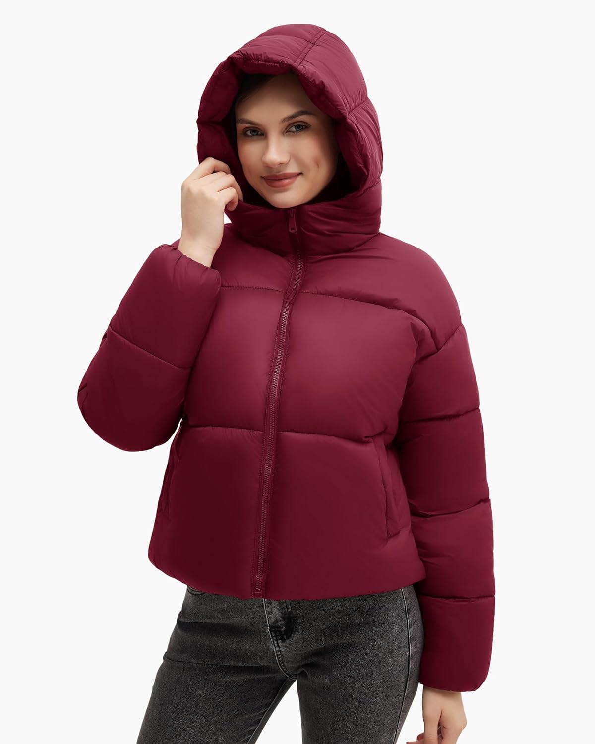 Polu Womens Cropped Puffer Jackets with Removable Hood Lightweight Winter Zip Up Padded Quilted Coat - Image 2