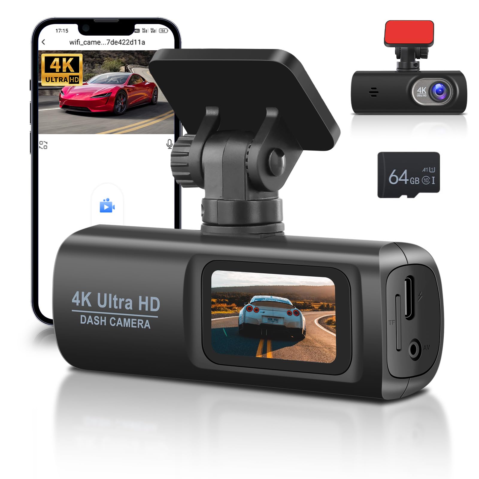 Dashcam Voiture Avant/arrière 4K + 1080P - Vision Nocturne, WiFi, Mode Parking 24h, Capteur G | Caméra Embarquée Avec Carte 64 Go, Application Mobile