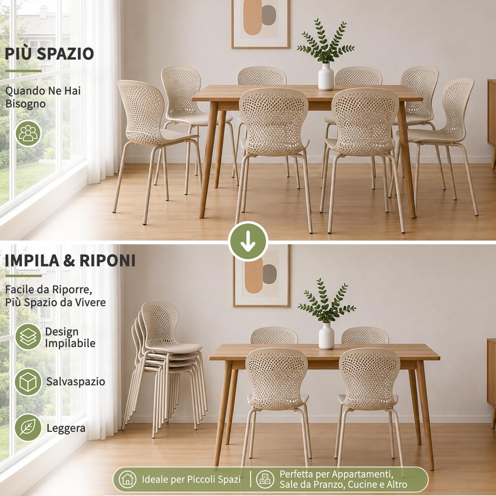 JIJIAN Set di 6 Sedie Sala da Pranzo Impilabili, Sedia da Cucina con Gambe in Metallo, Sedie da Giardino in Plastica, per Sala da Pranzo, Soggiorno, Giardino, Balcone e Terrazza, Cachi