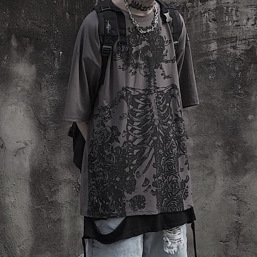 Women Man Y2K Skeleton T-Shirt, Punk Aesthetic Goth Skull Graphic Alternative Grunge Oversized Top Tshirts Streetwear2