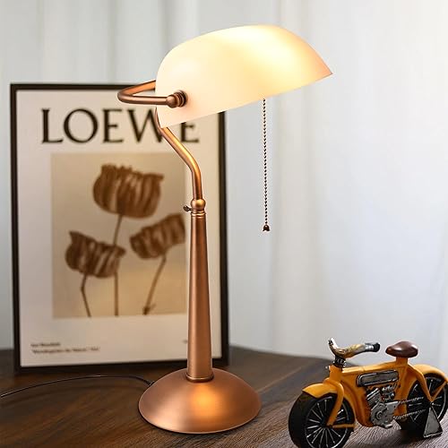 COSYLUX Lámpara de mesa alta con pantalla de vidrio elegante y vintage con interruptor de tracción, lámpara de escritorio de metal de bronce antiguo
