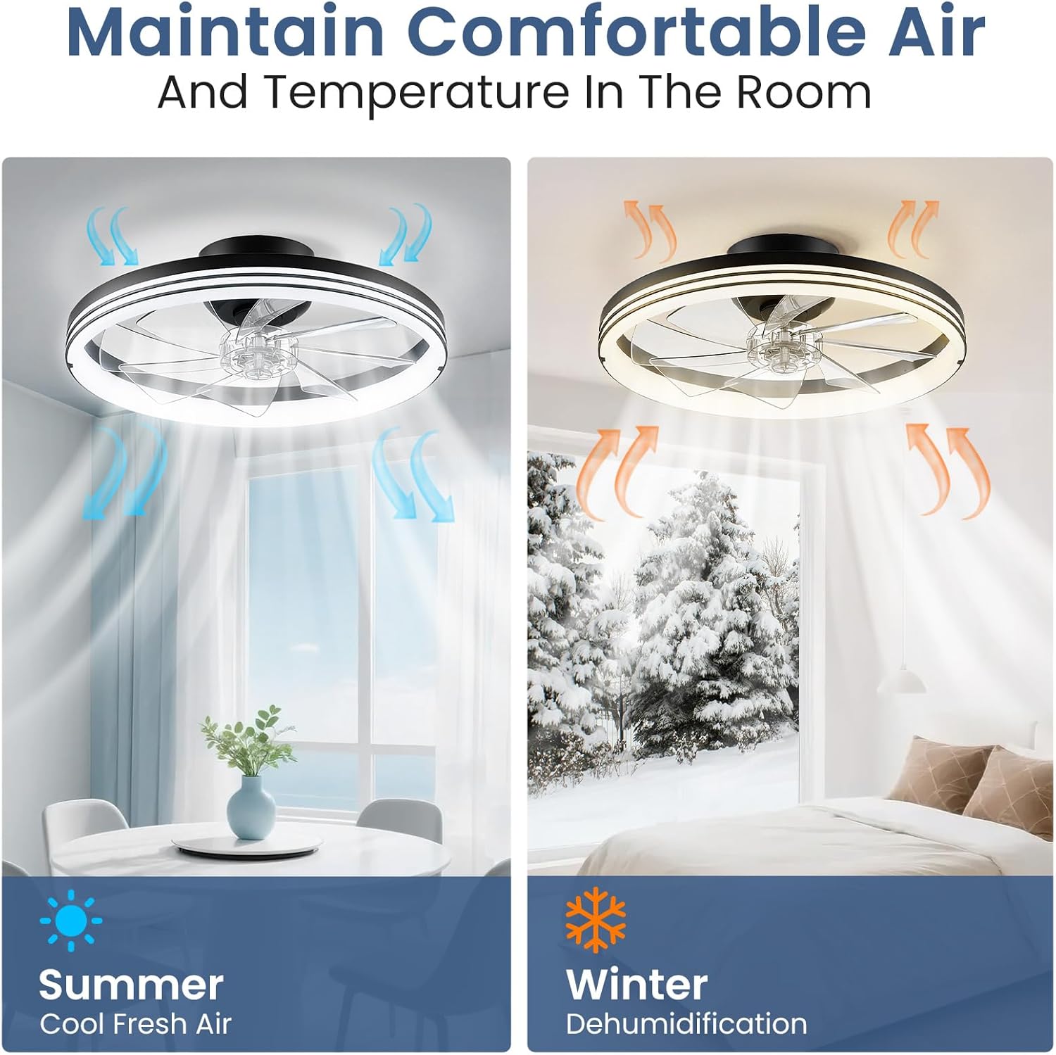 Ceiling Fans with Lights and Remote, 20" Modern Foldable Low Profile Ceiling Fan with Light, Stepless Color Temperature Change and 6 Speeds for Bedroom, Kids Room and Living Room (Stripe Black)