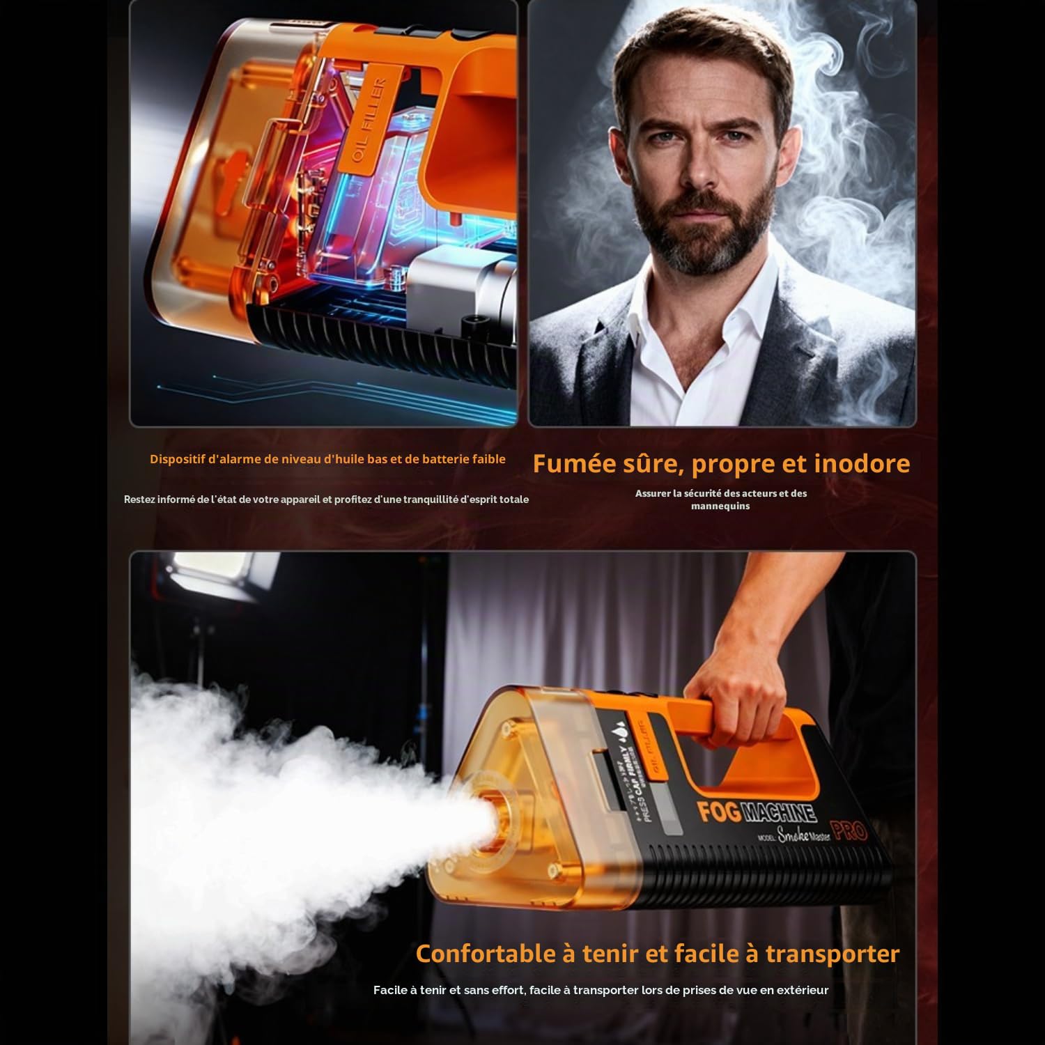 LENSGO Smoke Master PRO Machine à fumée portable, 40 W – 100 W, mini machine à fumée rechargeable pour la photographie, la vidéo, le spectacle et les courts métrages