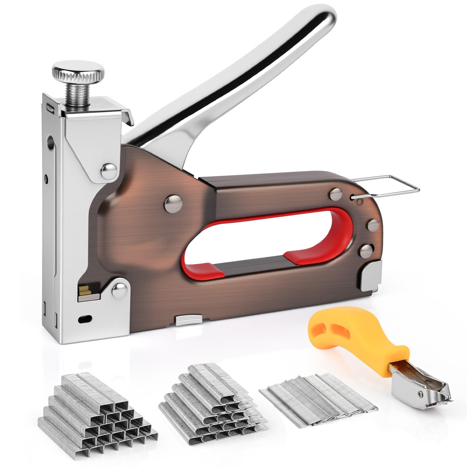 Set Grapadora 3-en-1 – Pistola Grapadora para Madera con 3000 Grapas y Extractor de Grapas, Grapadoras Tapicero con Fuerza Ajustable, Ideal para Trabajos Finos, Decoración y Fijación de Cables