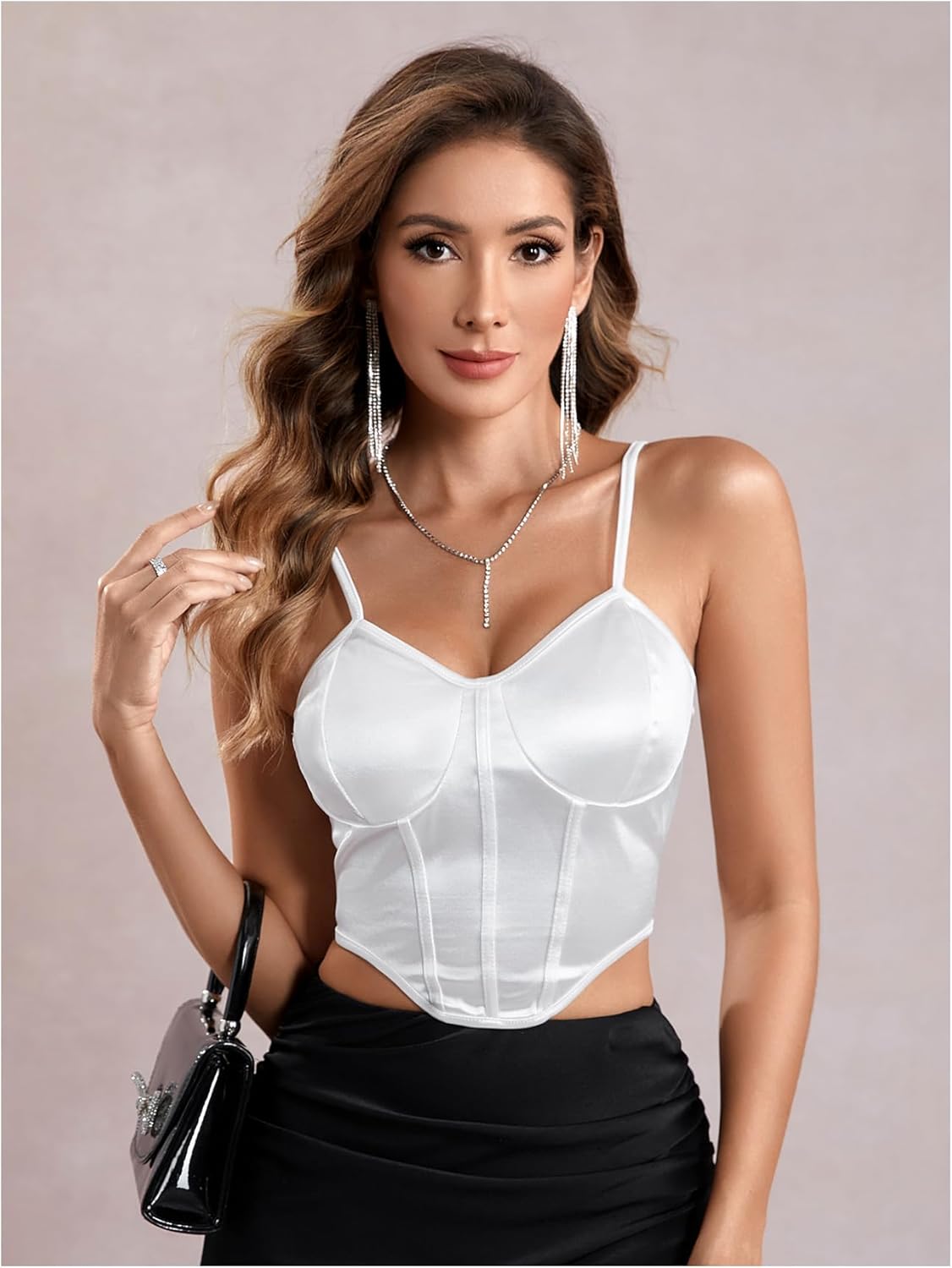 OYOANGLE Women's Satin Crop Spaghetti Strap Cami Tank Top Sleeveless Asymmetrical Hem Bustier - Image 5