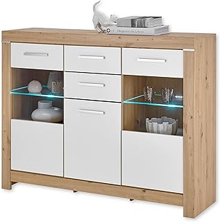 Stella Trading Balin Highboard con iluminación LED en Aspecto Artesano, Color Moderno Armario Espacio de Almacenamiento para su salón, Madera de ingeniería, Artisan Roble Blanco