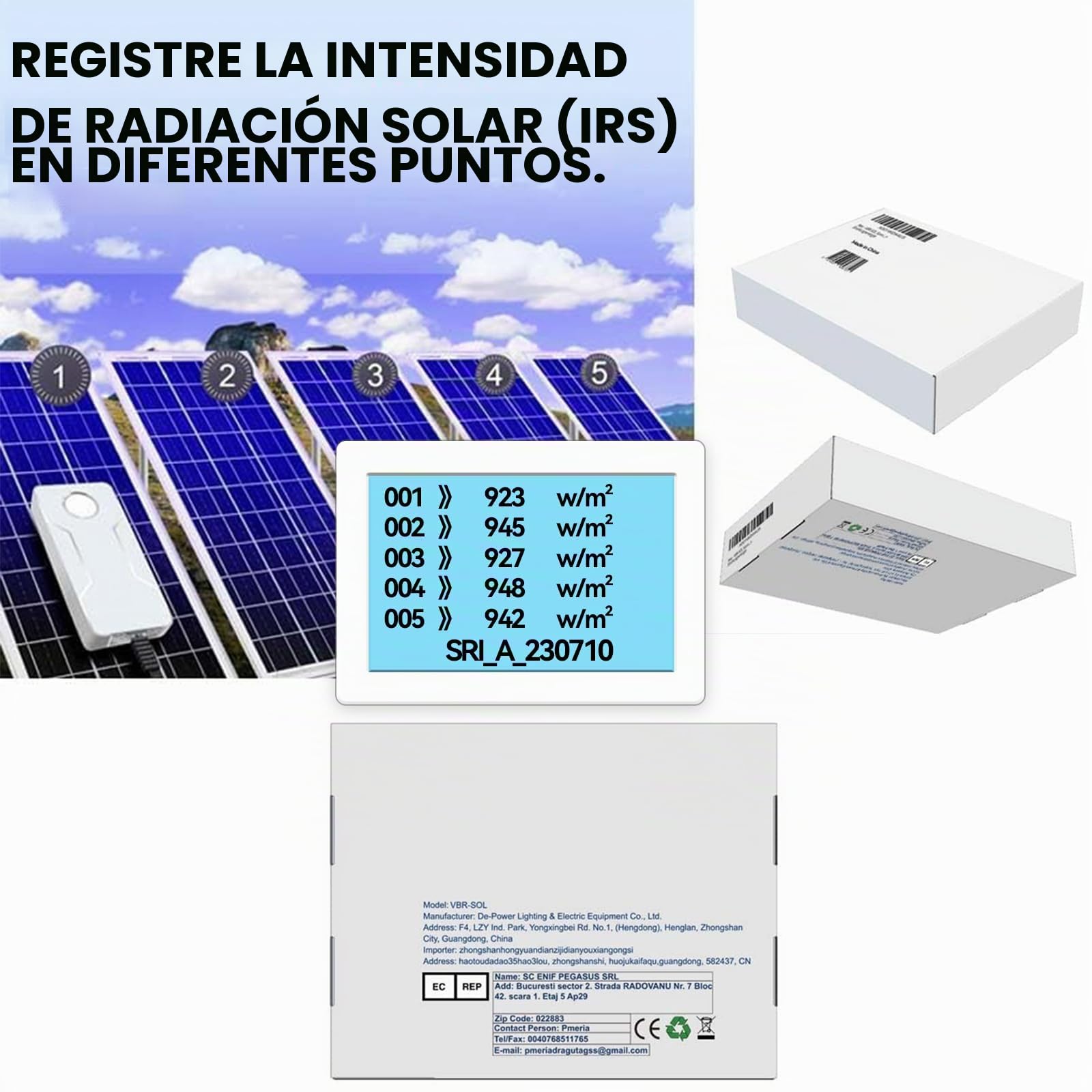 Medidor de Potencia Solar VBR-SOL con Medición del Ángulo del Panel, Hasta 3499 W/m², Registro Diario de Energía de 28 Días