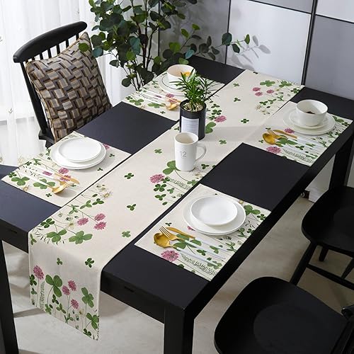 Juego de manteles individuales para el día de San Patricio con camino de mesa de arpillera de algodón y lino 2 tapetes  camino de 16 x 72 pulgadas