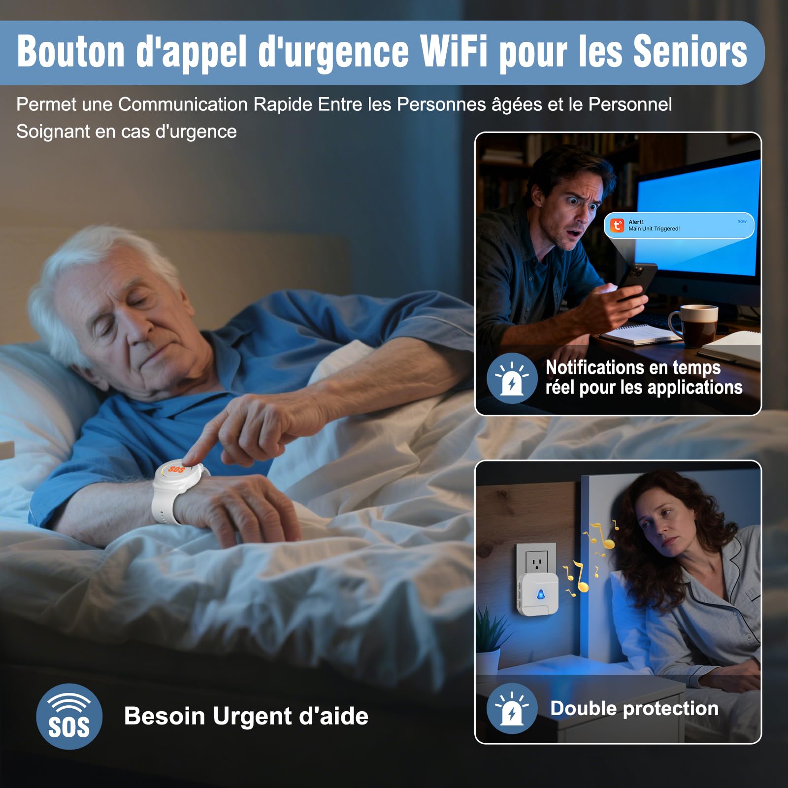 Appareil d'Alarme Chunhee pour Personnes Âgées - Système Adapté aux Handicaps et Difficultés de Mobilité. Bracelet d'Alarme pour Usage Domestique (1 Récepteur + 1 Montre + 1 Émetteur)