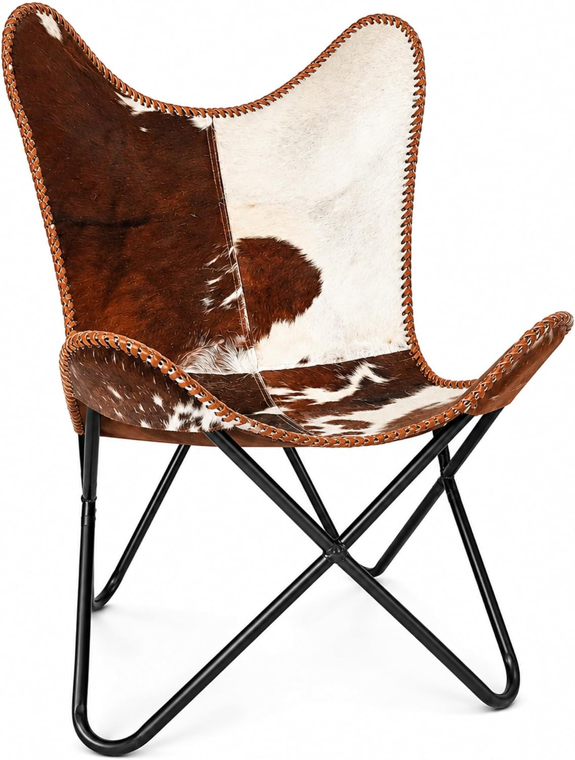 Leather Butterfly Chair, Folding Accent Seat with Powder Coated Steel Frame, Mid Century Modern Reading Lounge Chair for Living Room, Bedroom, Small Spaces, Brown Cowhide Style (White & Brown Hairon)