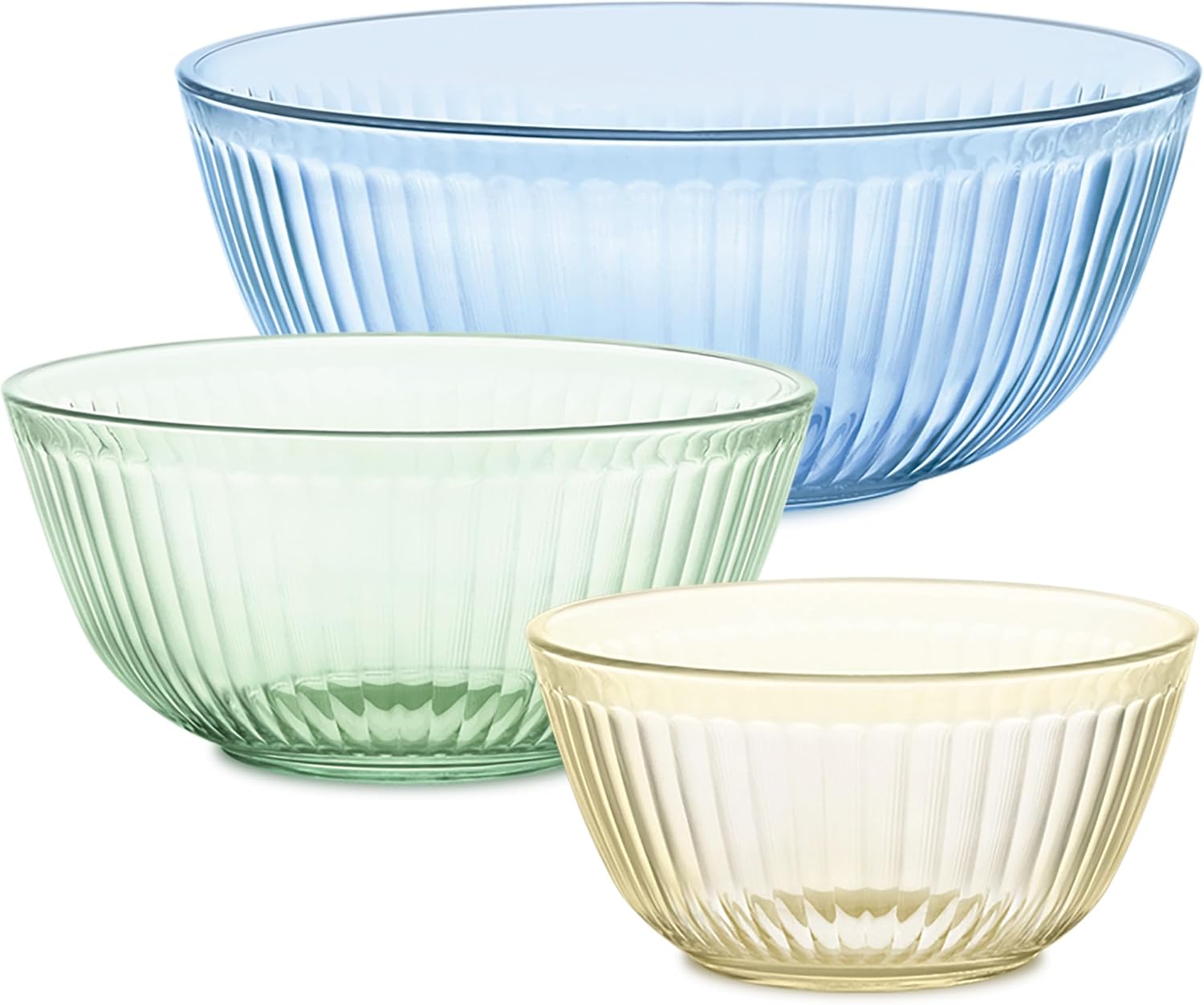 Pyrex Colors Tinted 3-PC, Unlidded Small/Medium/Large Glass Mixing Bowls, Nesting Space Saving Set of Bowls For Prepping and Baking, 1.3QT, 2.3QT & 4.5QT