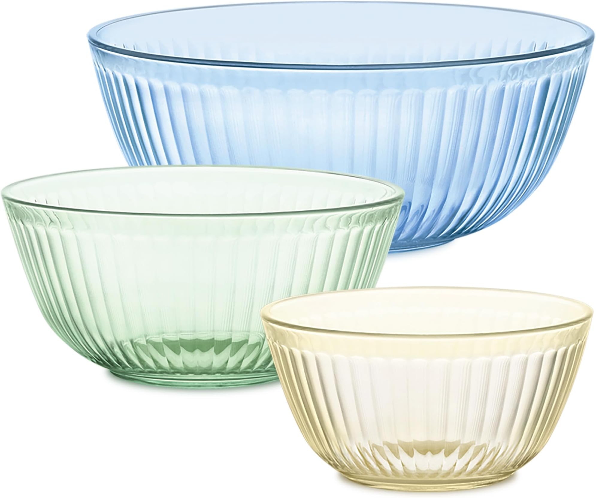 Pyrex Colors Tinted 3-PC, Unlidded Small/Medium/Large Glass Mixing Bowls, Nesting Space Saving Set of Bowls For Prepping and Baking, 1.3QT, 2.3QT & 4.5QT