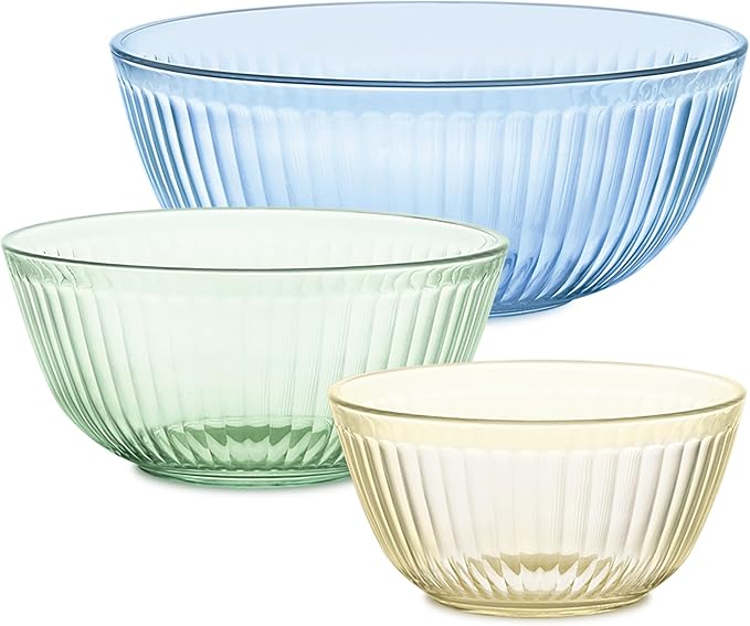 Pyrex Colors Tinted 3-PC, Unlidded Small/Medium/Large Glass Mixing Bowls, Nesting Space Saving Set of Bowls For Prepping and Baking, 1.3QT, 2.3QT & 4.5QT