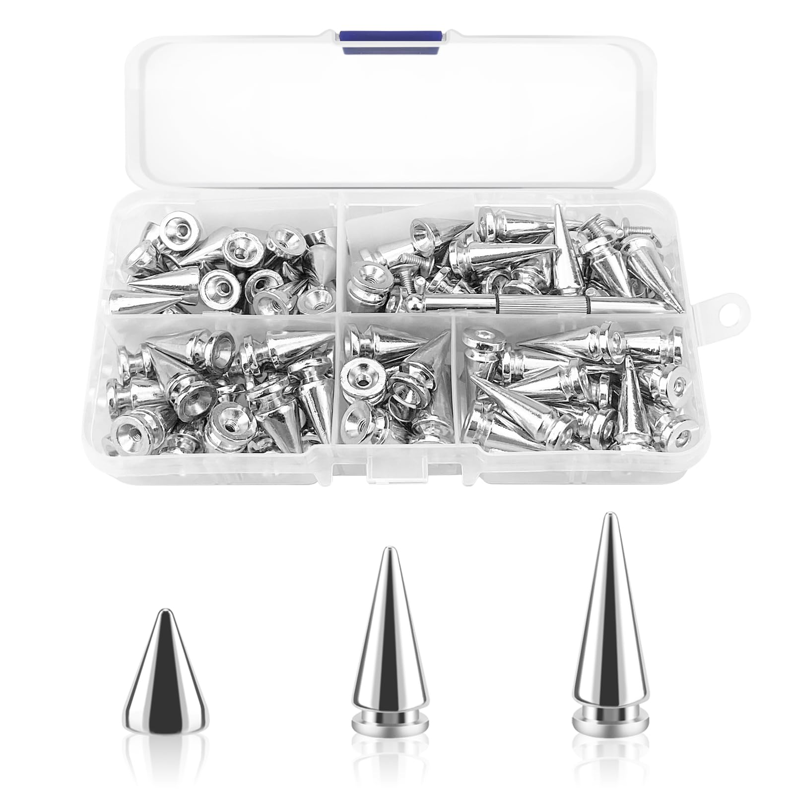 80pcs Spikes Studs 10mm Metal Cone Spikes Rivet, Punk Rock Screw Back Studs for DIY Bags Clothing Leather Craft Bracelet Necklace, with Screwdriver (Silver, 3 Size)