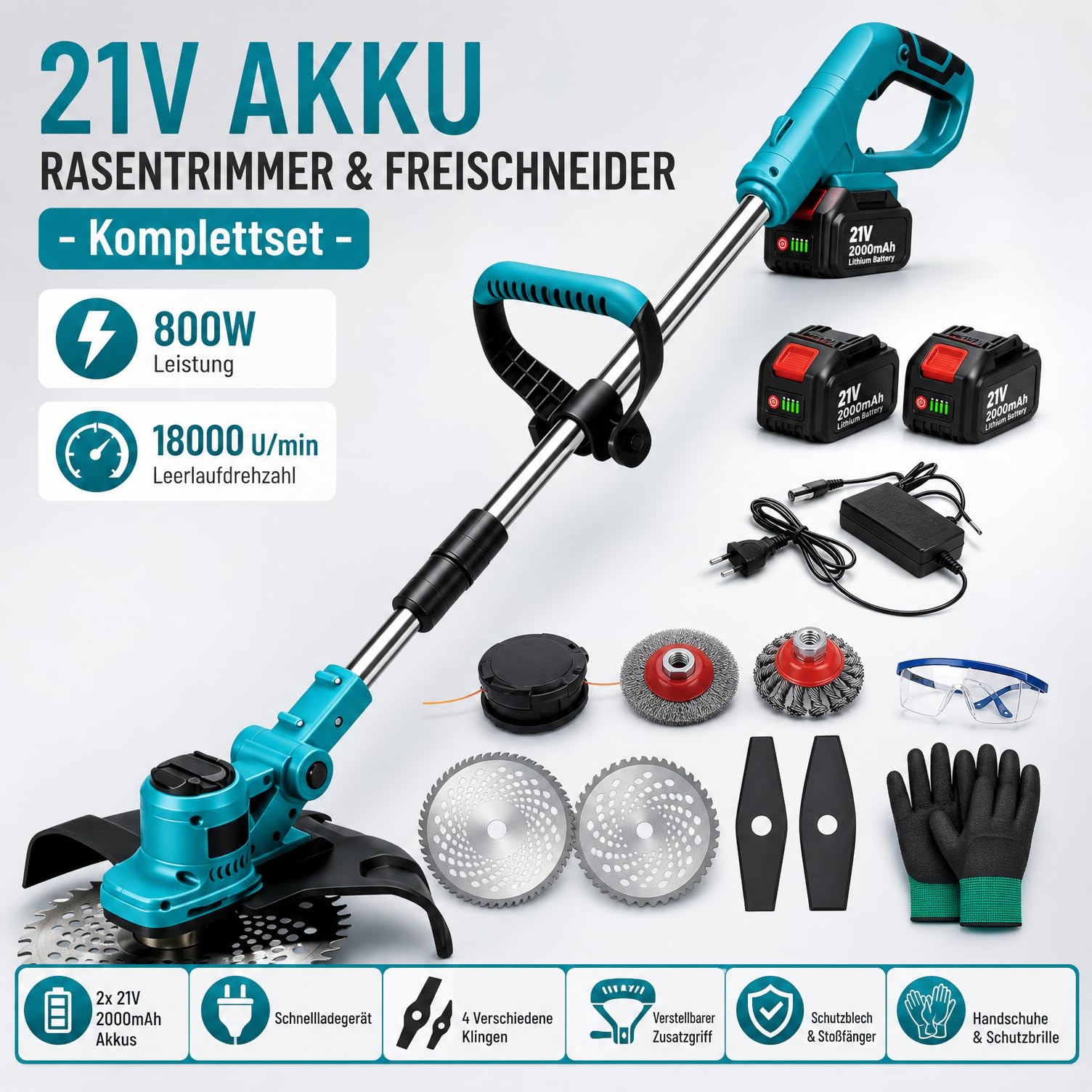 Akku Rasentrimmer & Freischneider, 21V Rasenkantenschneider mit 2 Akkus, Schnittbreite 23 cm, Verstellbarer Teleskop-Führungsholm – für Garten, Rasen, Gehwegkanten (Blau)
