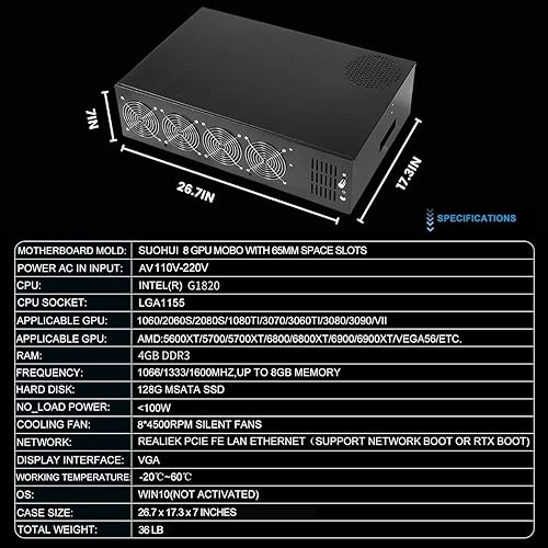 Miniatura 7 de SUOHUI GPU Mining Rig Complete Mining Server Case for EthereumETH Crypto Mining Prebuilt 8 GPU Mining Motherboard, 1800W PSU, 8 ventiladores de