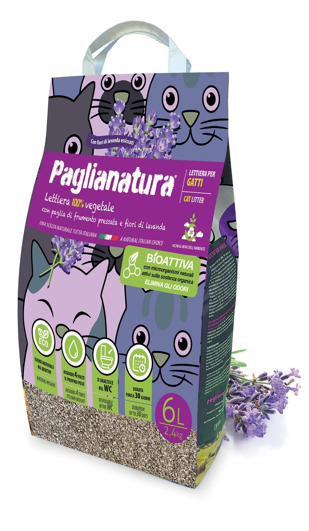 Bioactive Cat Litter Paglianatura 2.4 kg/6 L – Compostable and Ecological | Odour Control and Ultra Absorbent (Lavender)