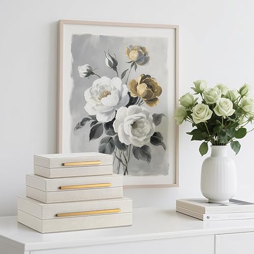 Miniatura 3 de Joyero apilable de piel sintética grande y moderna con organizador de tapas, juego de 3 cajas de almacenamiento decorativas Shagreen beige con asas