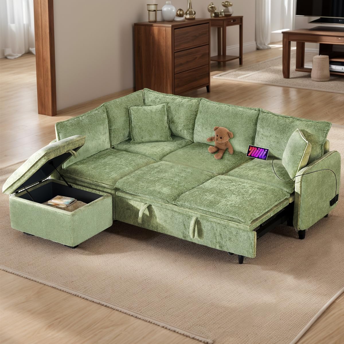 Convertible Sectional Sofa Bed with Storage Chaise, L-Shaped, 4 Seater, Green, 82.67 inches, Pull Out Bed, Storage Ottoman, 2 Pillows, 2 Power Sockets, 2 USB Ports