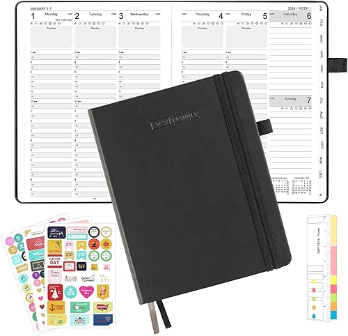 Ospelelf Agenda semanal y mensual de cuero negro 2024 de 6 x 8 pulgadas, enero de 2024 a diciembre de 2024, calendarios diarios de 12 meses, agenda