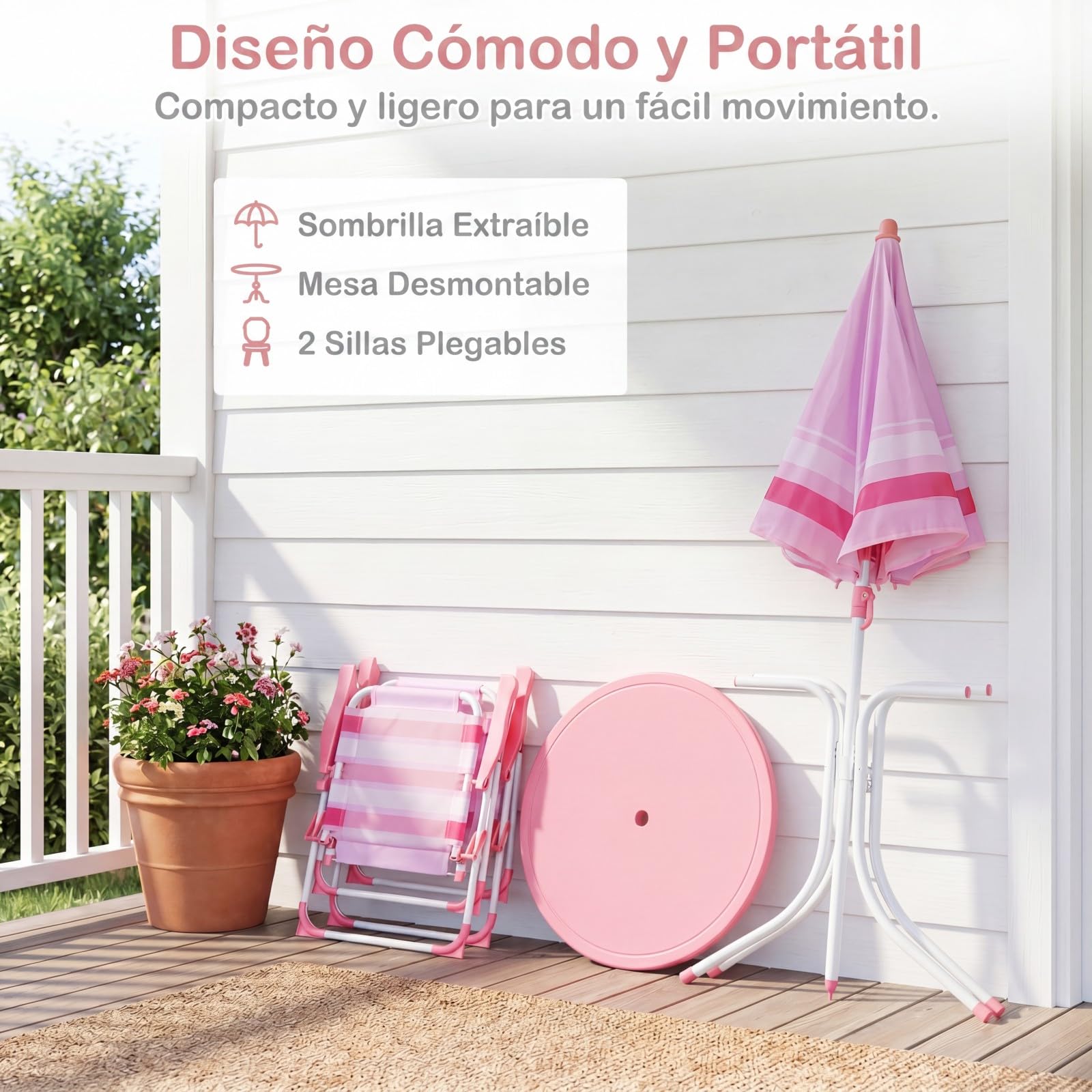 COSTWAY Set de Mesa Picnic Infantil de 4 Piezas, Mesa Infantil de Exterior con 2 Sillas Plegables y Sombrilla de Altura Ajustable, Mesita Redonda y Sillones para Niños 3-6 Años (Rosa)