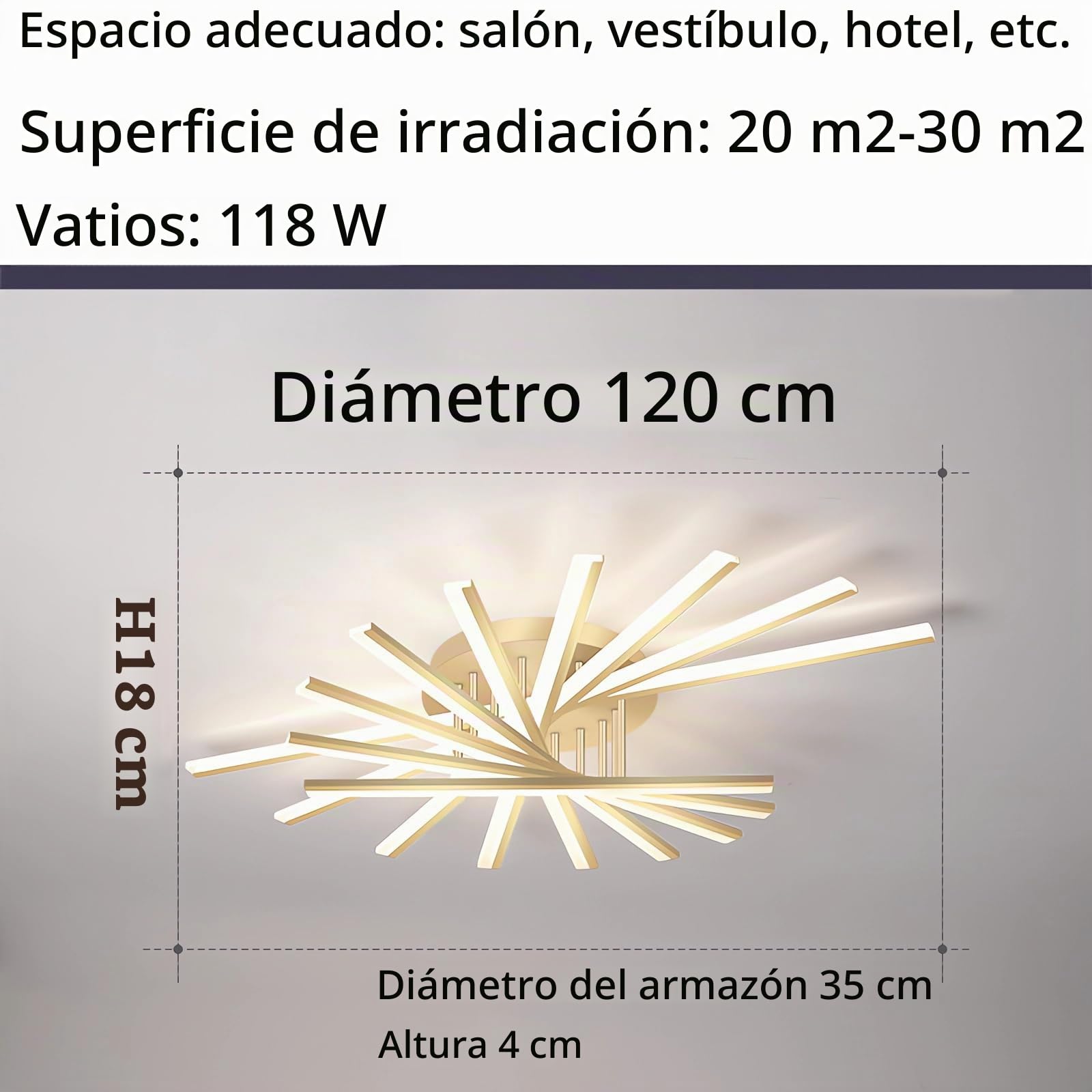 Plafones 7/9 cabezas Negro Y Oro Led Plafones Flush Mount Lámpara de Techo Blanco Regulable con Mando a Distancia para Dormitorio Salón Oficina (Oro, 120CM)