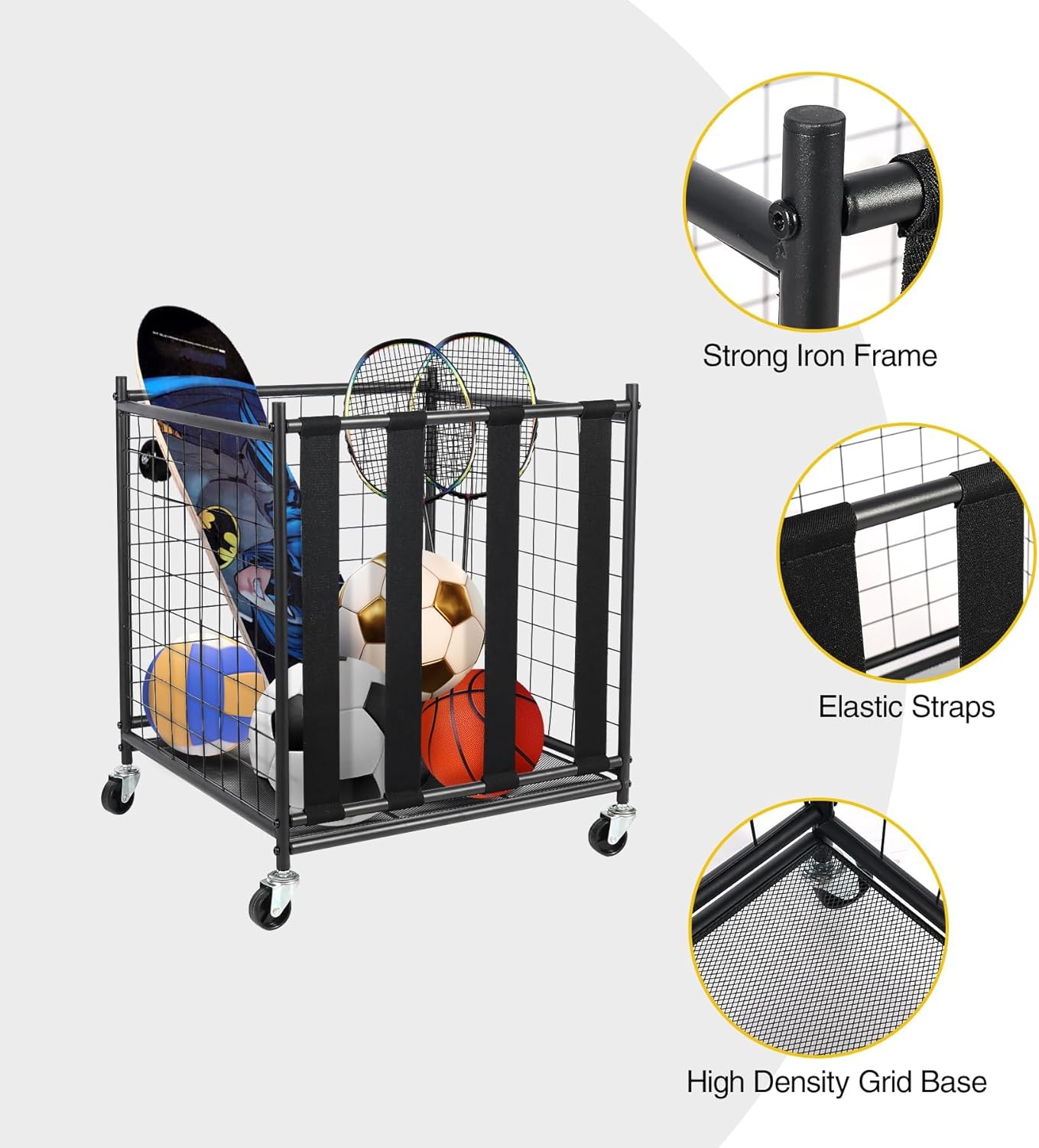 RedSwing Ball Storage Bin Rolling Sports Ball Cart, Metal Garage Sports Equipment Organizer with Elastic Straps,Volleyball Softball Basketball Cage Storage Rack for Garage Playgroup Gym School