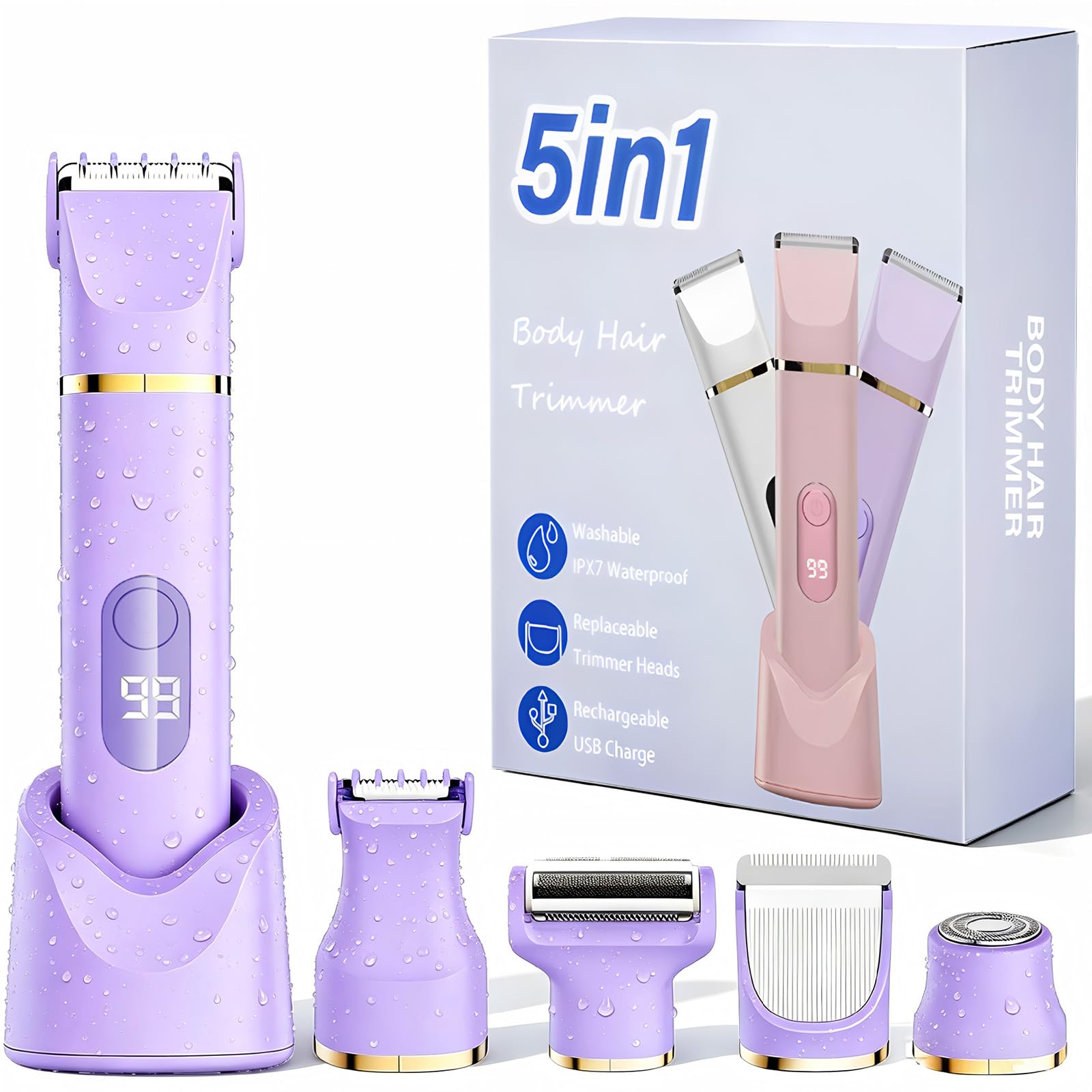 Afeitadora Eléctrica para Mujer, 5-IN-1 Rasuradora Mujer Zona Intima, Rasuradora Mujer zona Intima seco/mojado para Bikini Axilas Brazos Cara Nariz, Impermeable IPX7 (Púrpura)