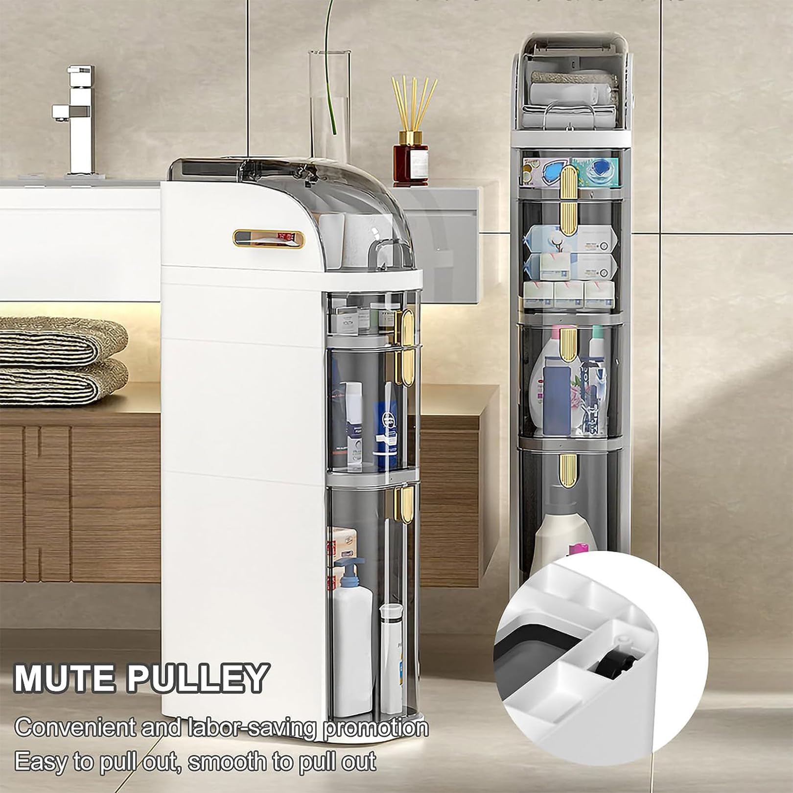 Aufbewahrungsschrank Badezimmer-Bodenaufbewahrungsschrank 7″ schmaler, schmaler Organizer, seitliche Eckeinheit mit Griff, Rollen, durchsichtige Schubladen für kleine Küchen, Waschküche, Wohnzimmer, T