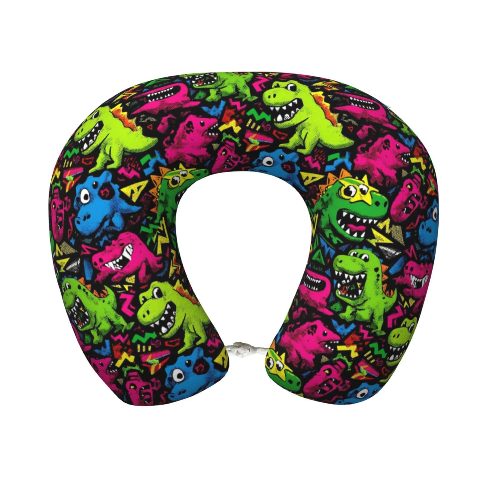 peiyeety Cute Dinosaur Print Travel Pillow Memory Foam, Portable Neck Pillow for Airplane, Car and Office