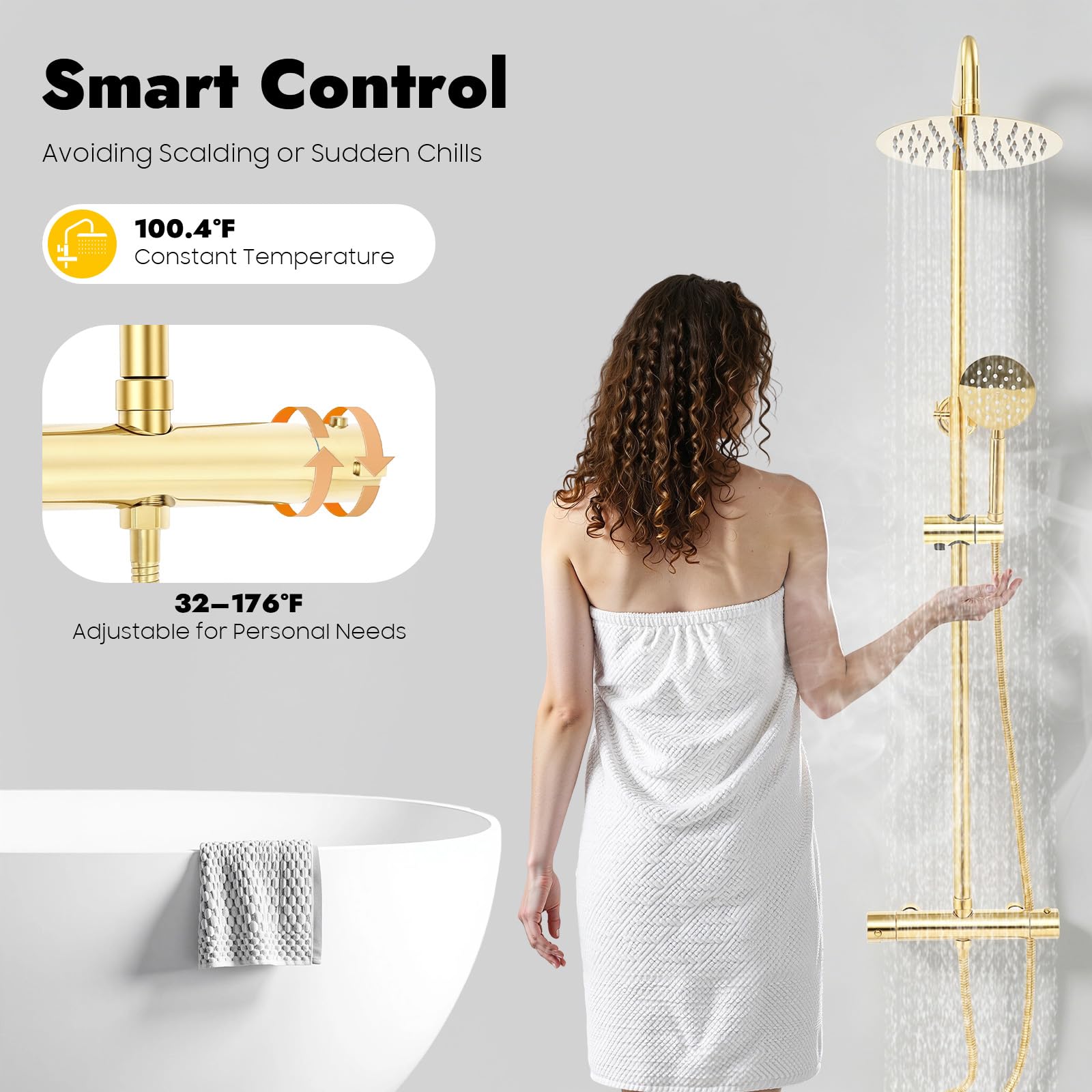 Colonna doccia Termostatica Oro, Doccia A Pioggia A Parete 7,87 Pollici 360° con Doccetta 2 Modalità e Flessibile 1,5 m, Miscelatore A Parete Ottone Inox 304 per Bagno