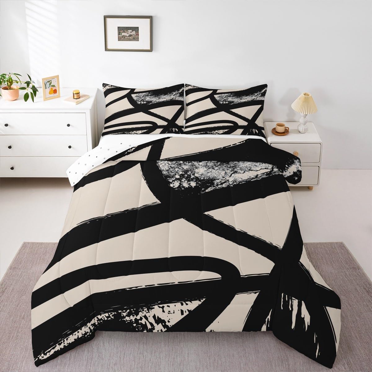 Abstract Duvet Quilt Kids Bedding Beige Grey Set Queen Size Geometric Comforter Set for Women Men Room Decor Breathable Soft Lightweight Microfiber Modern Art with 2 Pillow Case