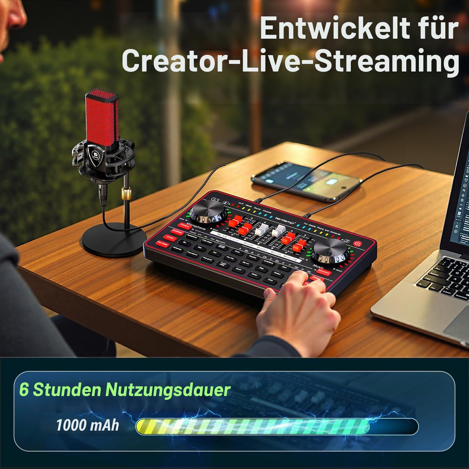 TENLAMP G3 Podcast-Equipment, Audio-Interface mit Soundeffekten, 3,5mm Kondensatormikrofon-Set, Tischstativ, Stimmenverzerrer, Rauschunterdrückung, für PC, Handy, Gaming, Gesang, Live-Streaming