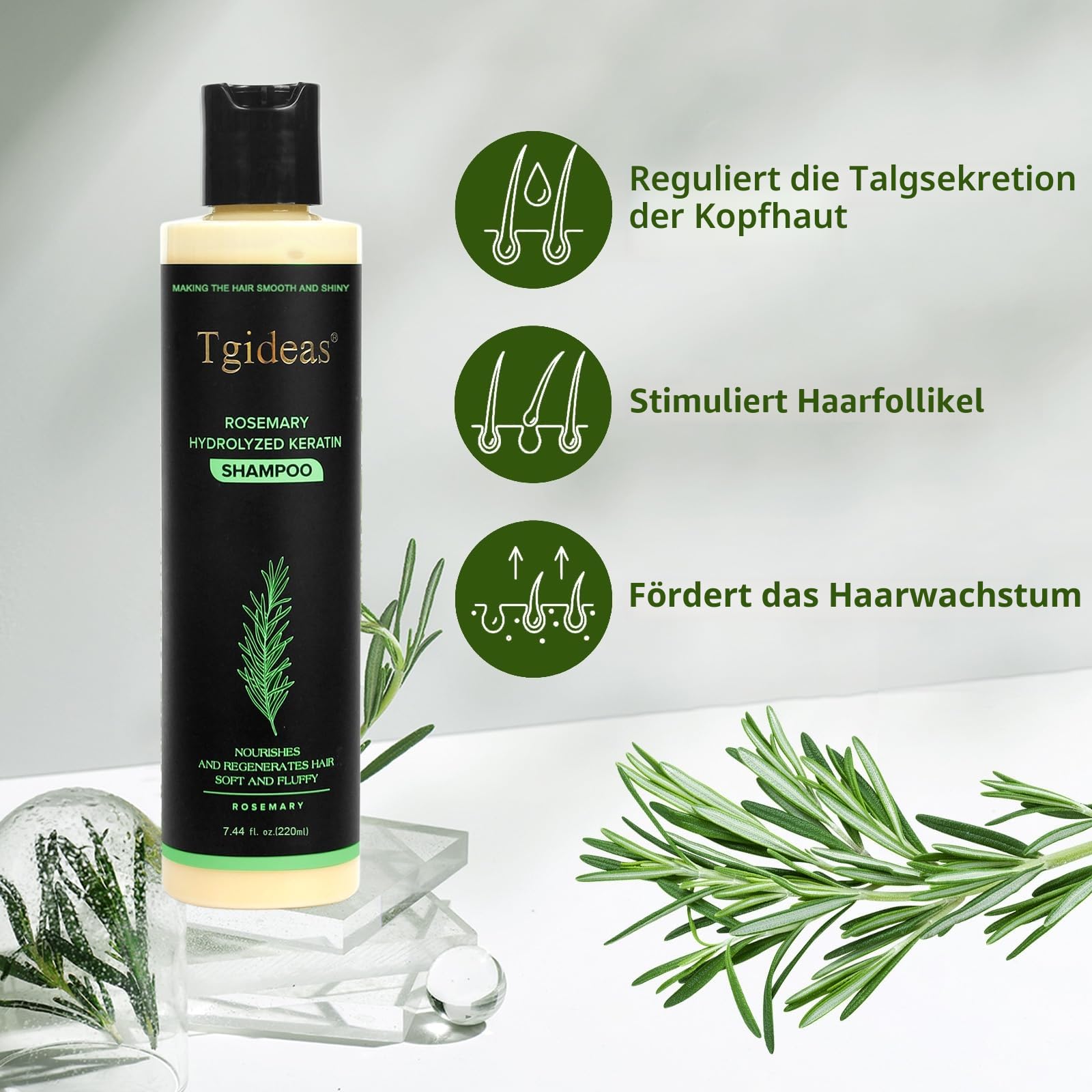 Bio-Shampoo für Haarwachstum, Rosmarin, für Frauen und Männer, natürliches Shampoo zur Stärkung und Verdickung mit hydrolysiertem Keratin für feines Haar und Haarausfall, 7,4 ml