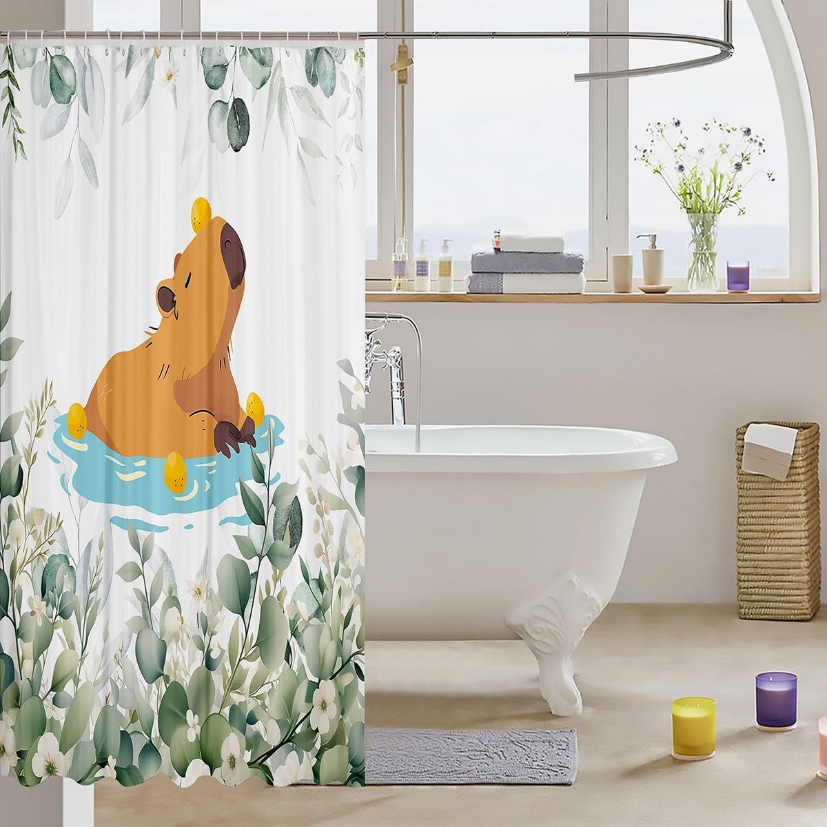 Kawaii Capybara Shower Curtain for Boys Girls Cartoon Animal Bathroom Curtain, Eucalyptus Leaves Bath Curtain Cute Wildlife Shower Curtain Set, Tropical Botanical Plants Bathroom Accessories