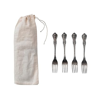 Creative Co-Op Embossed Brass Drawstring Bag, Set of 4, Antique Silver Finish Appetizer Forks