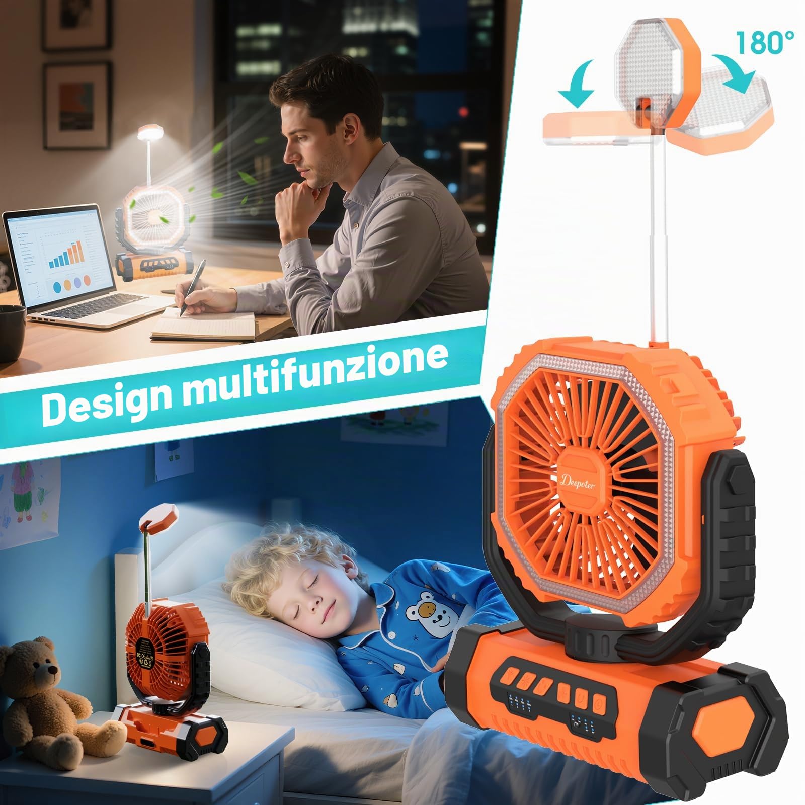 Ventilatore Campeggio 20000mAh con Luce LED, Ventilatore Portatile Ricaricabile con Gancio e Telecomando, Ventilatore USB Scrivania per Esterno Tenda Spiaggia Allaperto - Arancione