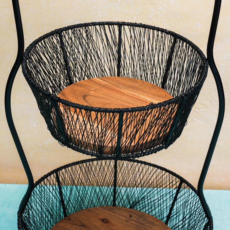 Image of Nest Multipurpose 2-Tier Storage Basket | Acacia Wood & Iron Handles | Wooden Storage Organizer | Kitchen, Living Room, Bathroom & Home Decor | Natural Finish