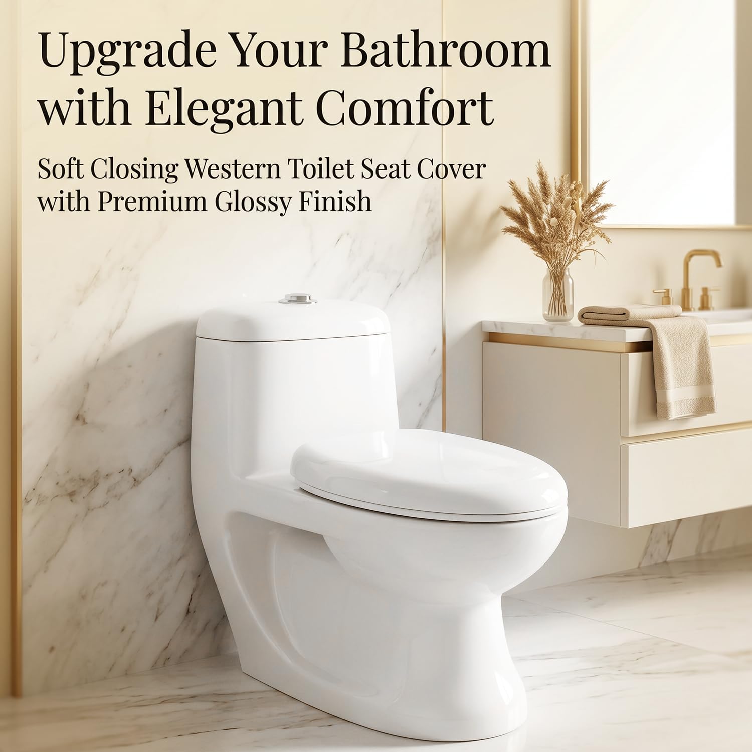 ELEGANT CASA Polypropylene Soft Closing Western Toilet Seat Cover with Stable Hinges - Elongated Shape Design Glossy White Size 46x36 Cm - 1 Set