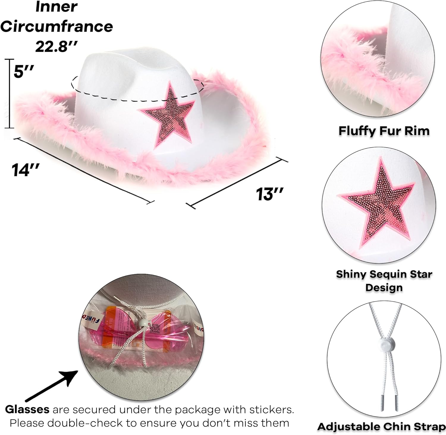 Funcredible Cowboy Hat and Glasses - Fluffy Cowgirl Hat - Halloween Cowgirl Costume Accessories for Women - Image 2