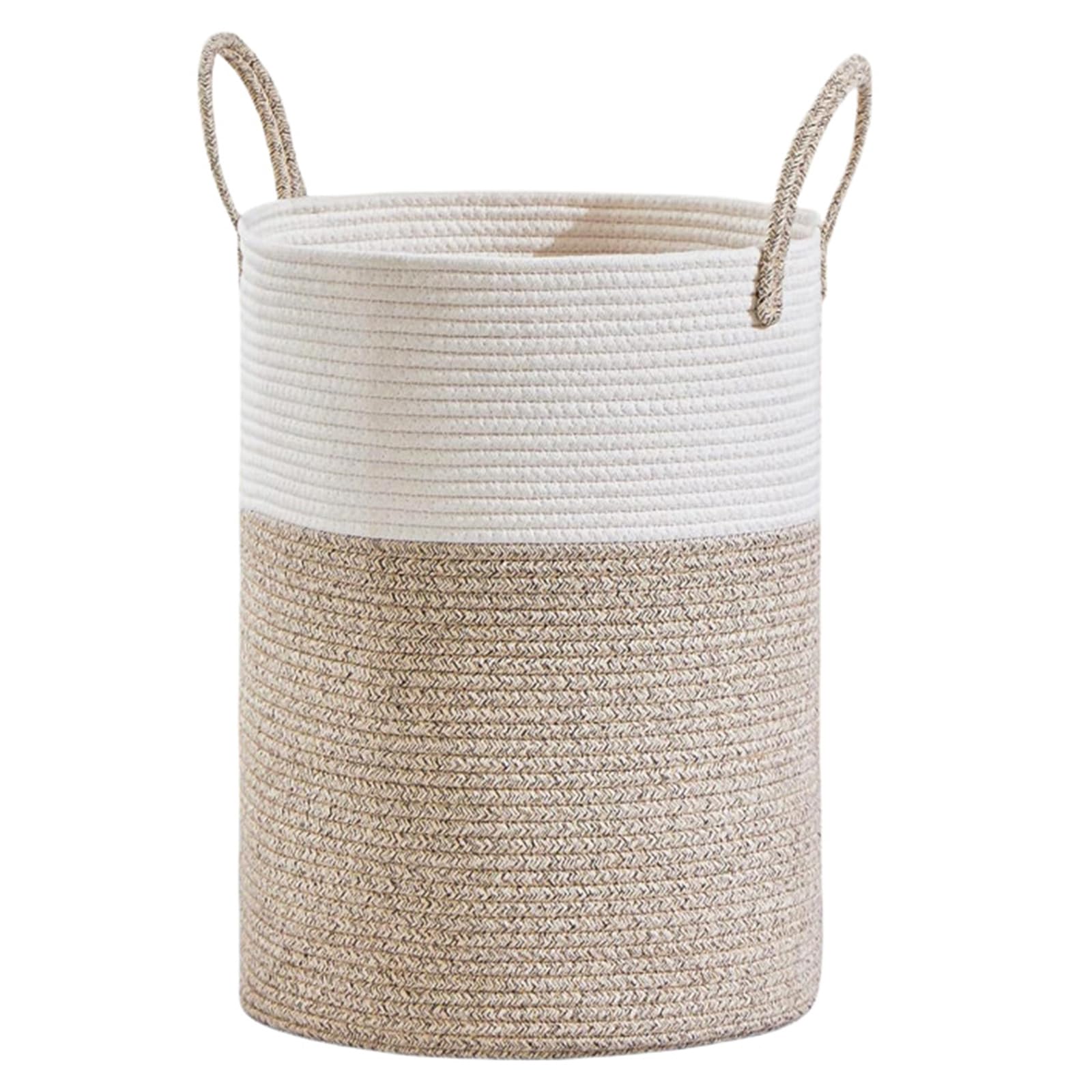 Large Storage Basket, 40L Soft Cotton Rope Laundry Basket with Handle, Tall Woven Rope Storage Baskets, Toy Storage for Kids, Rope Basket for Living Room, Nursery, Bedroom - Khaki+White