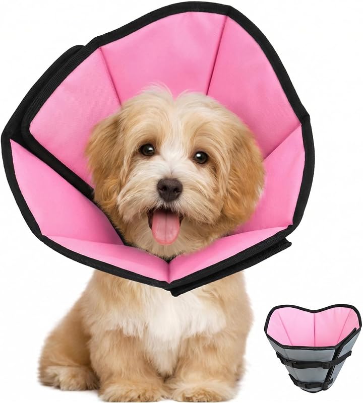 Colar Cone Macio para Cães em Recuperação, Tecido Oxford com Ajuste por Cordão e Fivelas, Rosa, M