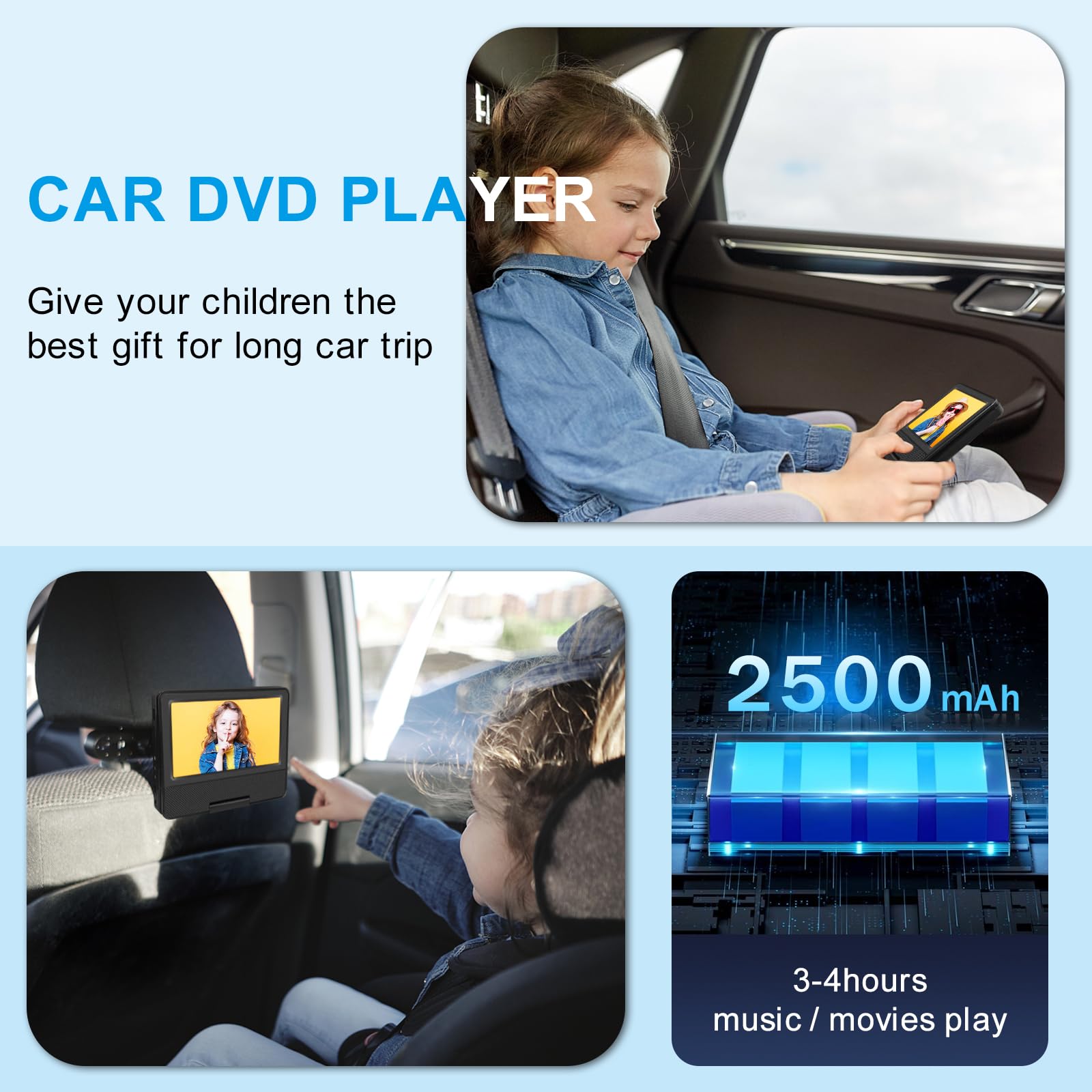 HOPYOP Lettore DVD portatile da 9,5 pollici per bambini e auto, schermo girevole da 7,5 pollici con batteria integrata da 4 a 6 ore, lettore DVD con doppi altoparlanti, supporta lo schermo di