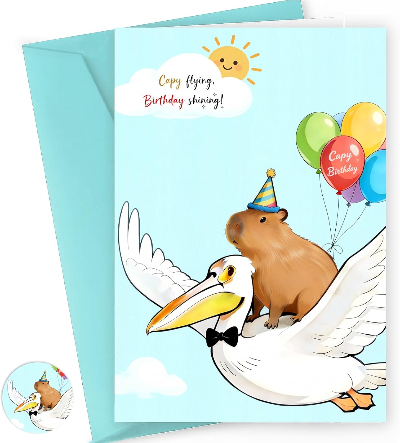 1 Pack Funny Capybara Birthday Card with Envelopes & Stickers, Assorted “Capy Birthday” Animal Pun, 9 Unique Designs, 4x6", for Capybara Lover Gifts, Capy Themed B-day Party Favor (Flying with Pelican)