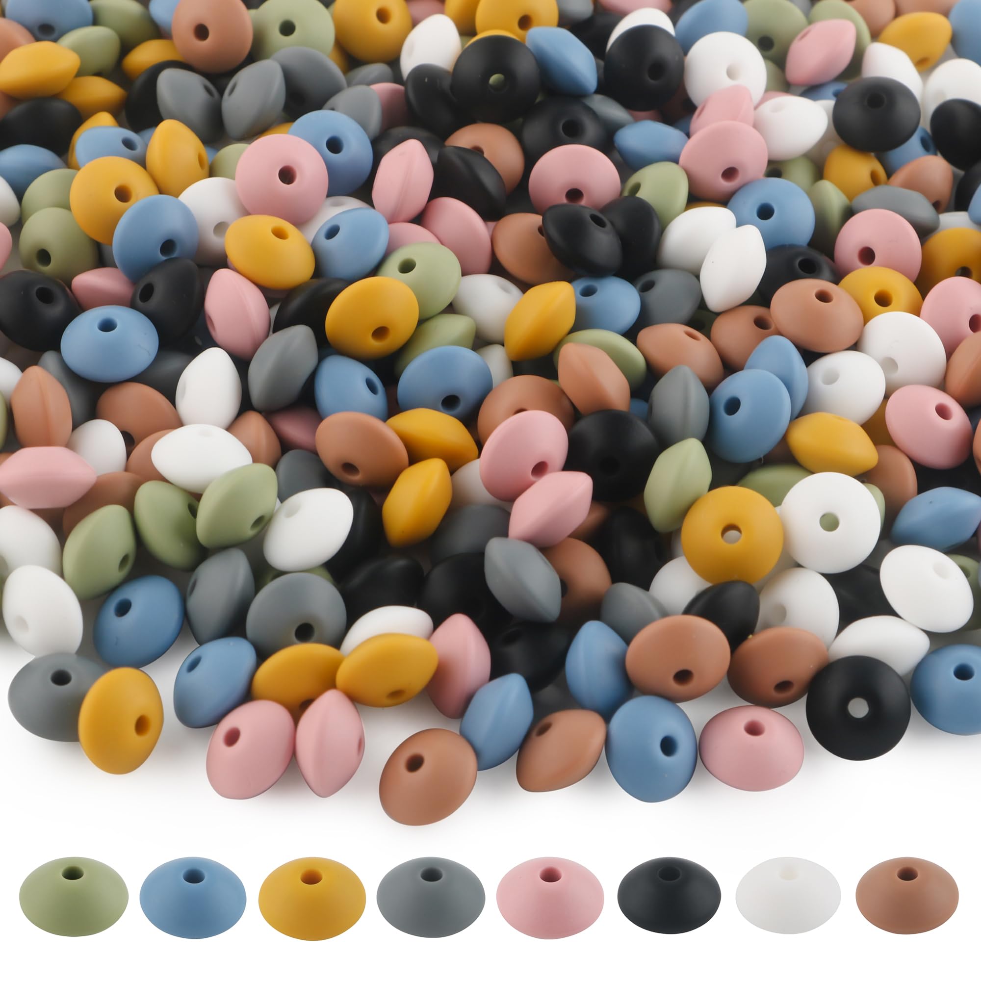 Sunrony Silikon-Linsenperlen für Schlüsselanhängerherstellung, gemischte Farben, 12 mm, Silikon-Abakus-Abstandshalter für Halsketten, Armbänder, Stifte (tiefe Linsen), 200 Stück