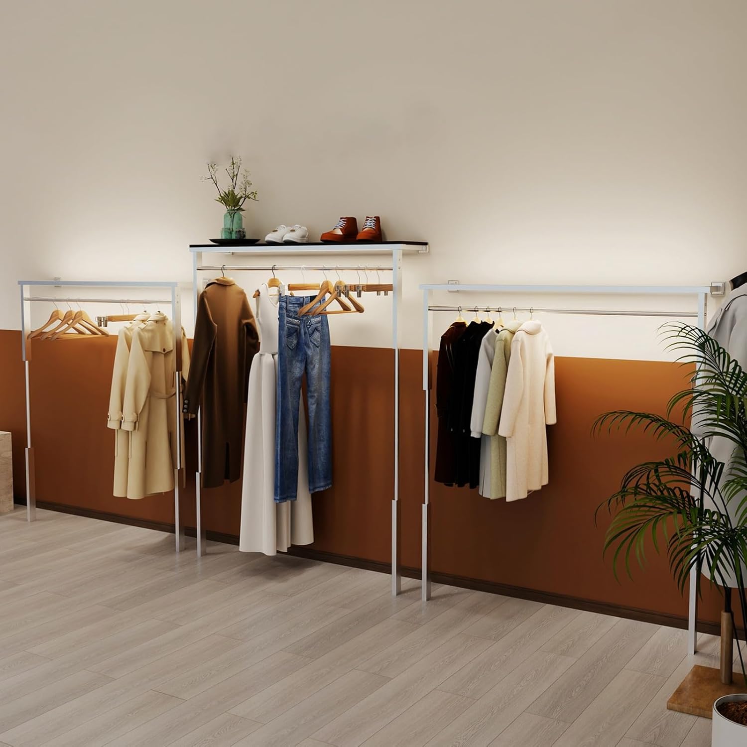 Wall-Mounted Clothing Display Rack Stainless Steel Drying Shelf & Garment Stand with Wooden Shelf for Bedroom Closet and Exhibition Hall (A-120x30x178.4cm)