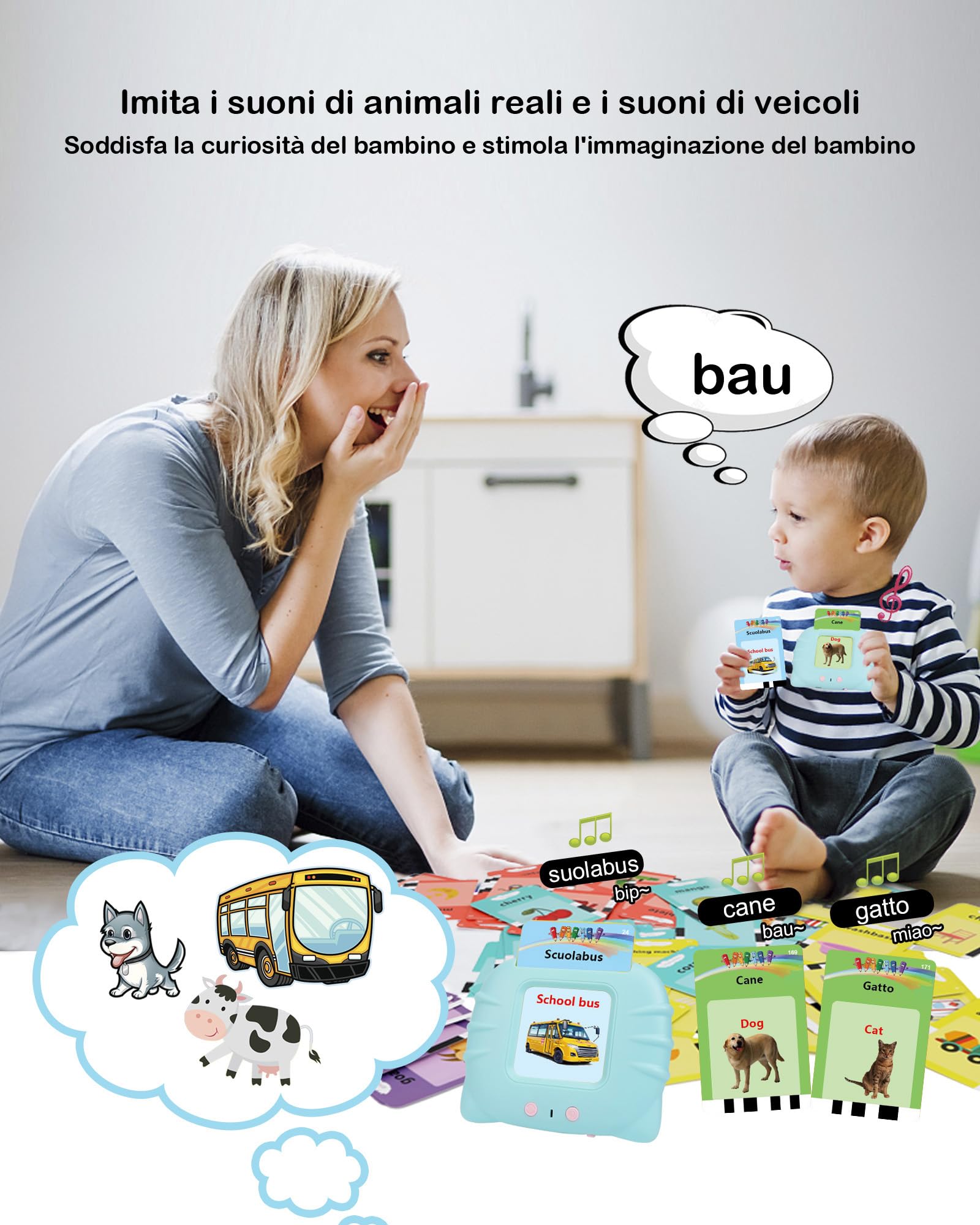 Schede Flash Cards Parlanti,Giocattoli di Apprendimento per Bambini dai 1-12 Anni, Educativi Prescolari da Ascoltare e Imparare di Base 510 Parole(Blu italiano + inglese)
