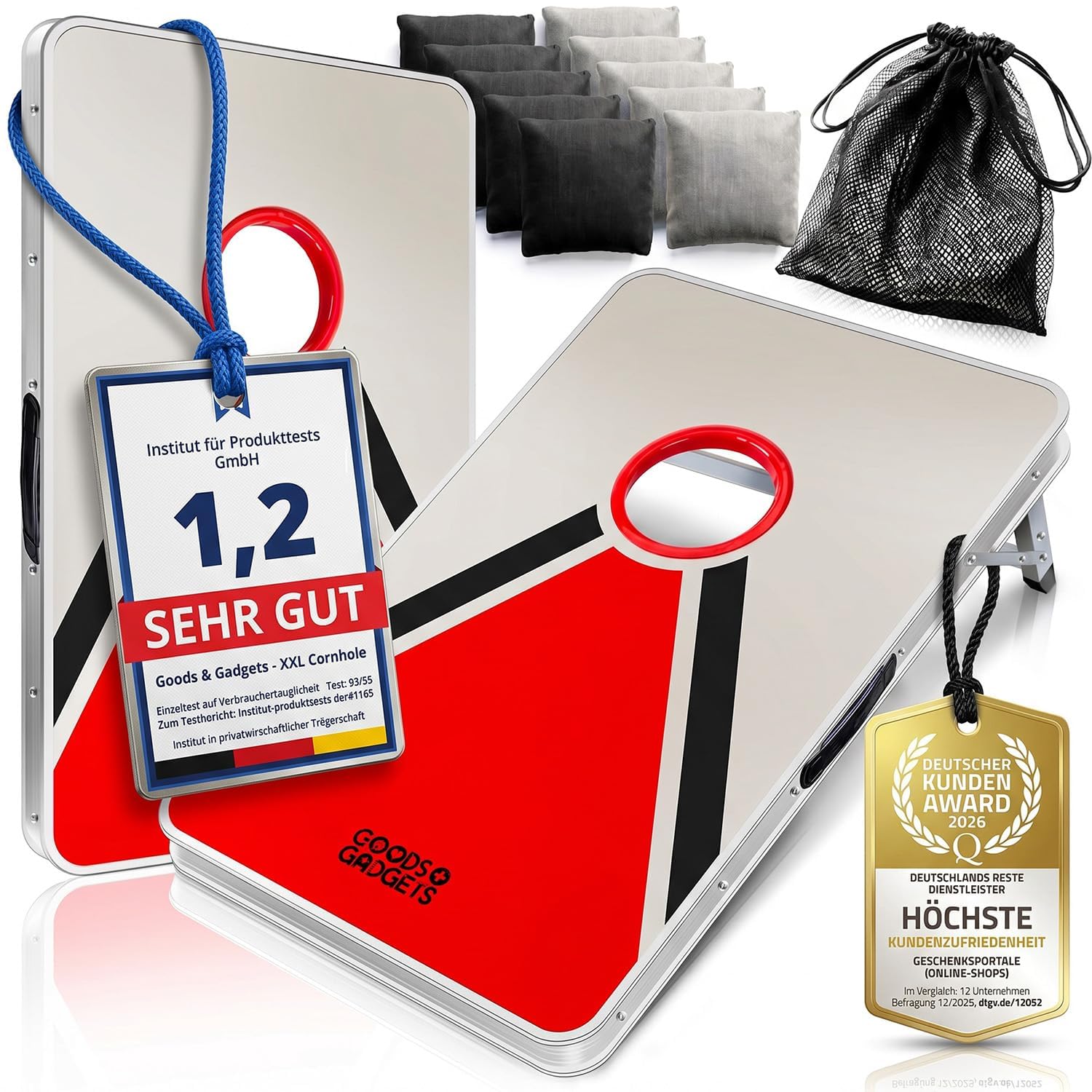 GOODS+GADGETS® Cornhole XXL Set - Juego de Sacos Jardín | 8 sacos de arena extragrandes - plegable y listo para jugar - interior y exterior para toda la familia
